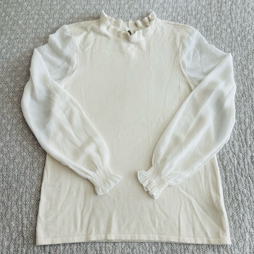 MOTH Anthropologie Ivory Sweater Blouse Sheer Sleeves Victorian Romantic Size M